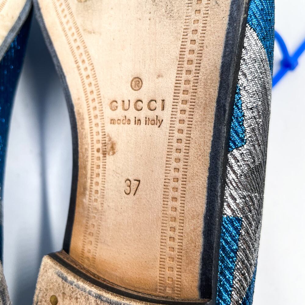 Gucci Jordaan Starry Sky Loafers Blue Metallic Silver Horsebit Leather Sz 37 / 7 - Picture 10 of 12